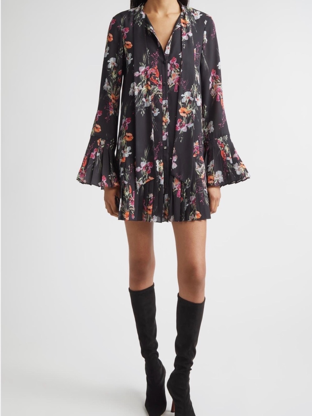 cinq a sept Black Floral Long-Sleeve Pleated Hem Dress - Picture 1 of 9